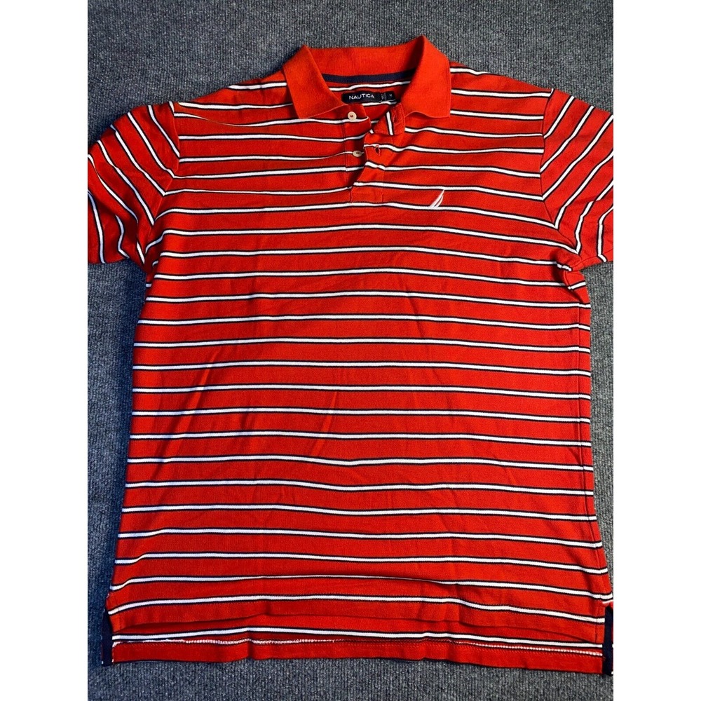 Nautica Polo Shirt Mens Medium Red Striped High Low Slit Pony Logo Collared‎